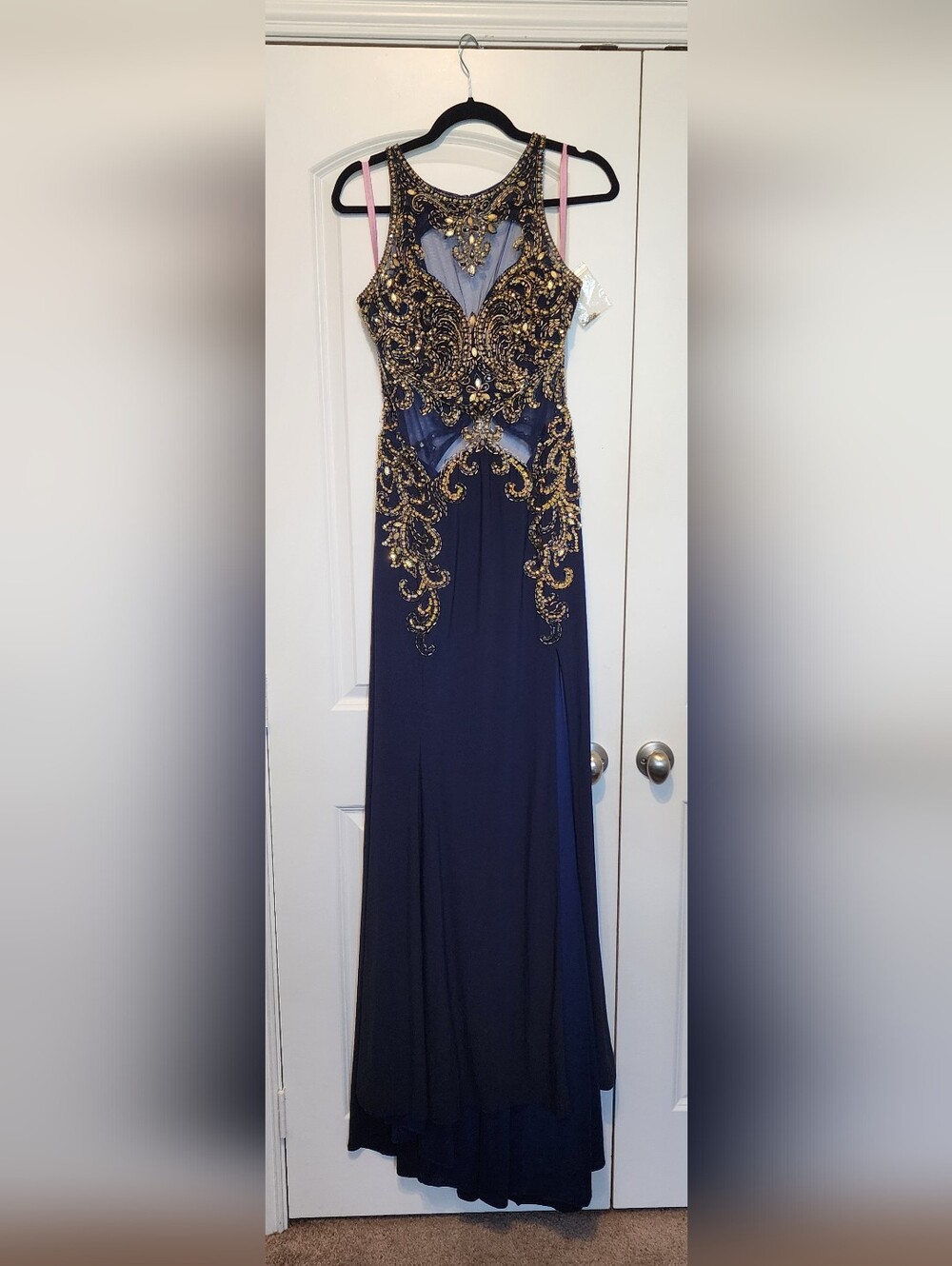Navy Beaded Prom Gown with Gold Embellishment